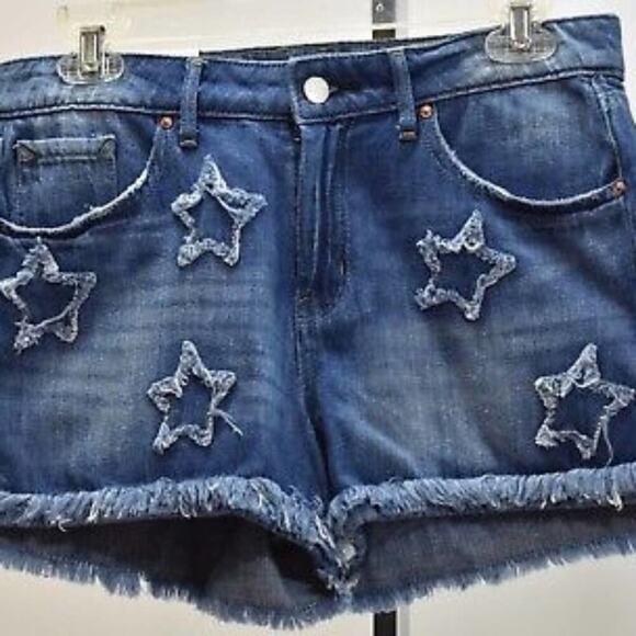 JESSICA SIMPSON JOURNEY Denim Shorts Star Applique Frayed Hem Blue Jean Festival - Picture 9 of 11